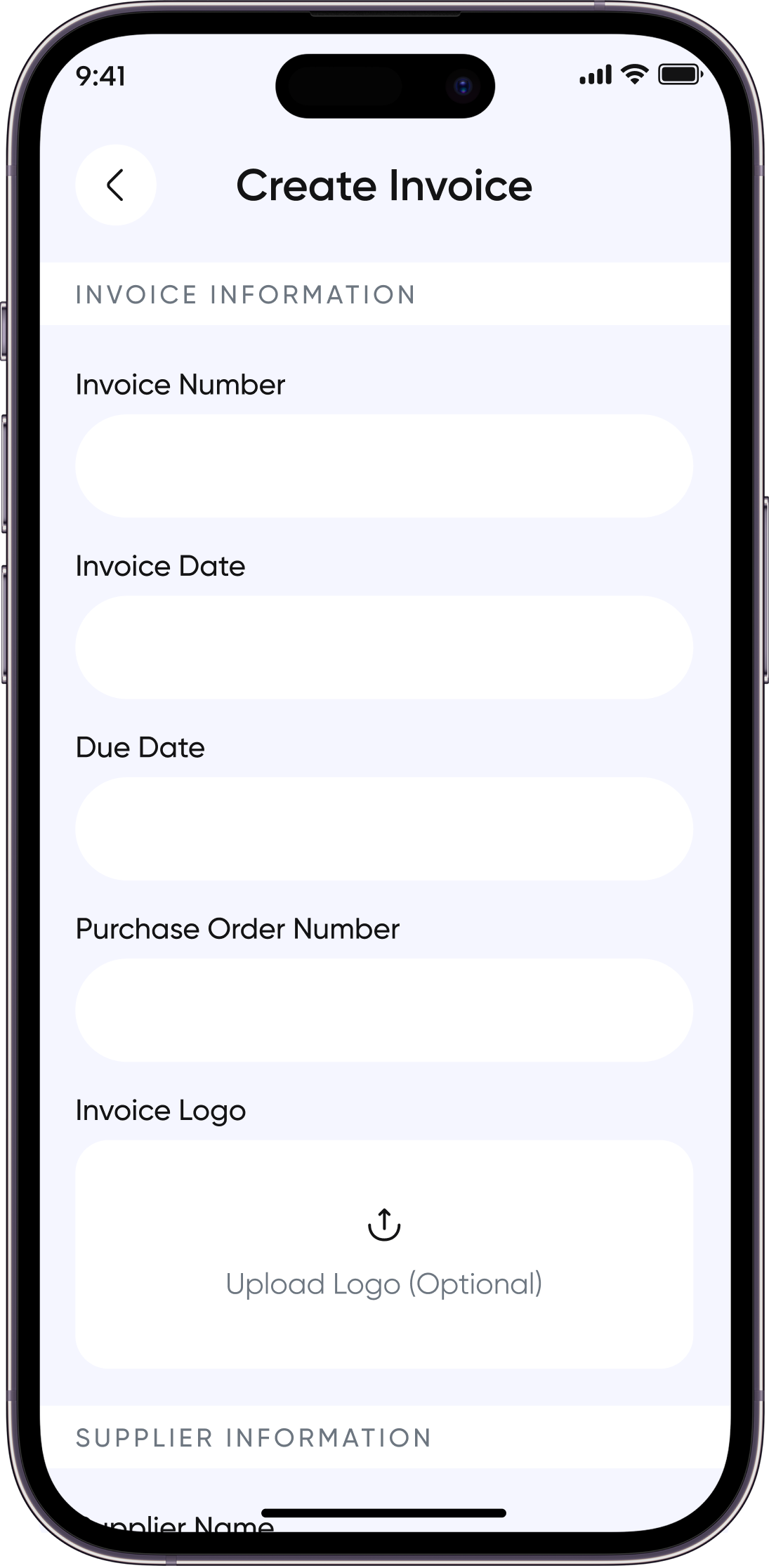Create Invoice form with invoice details and logo upload in the Invoz AI app.