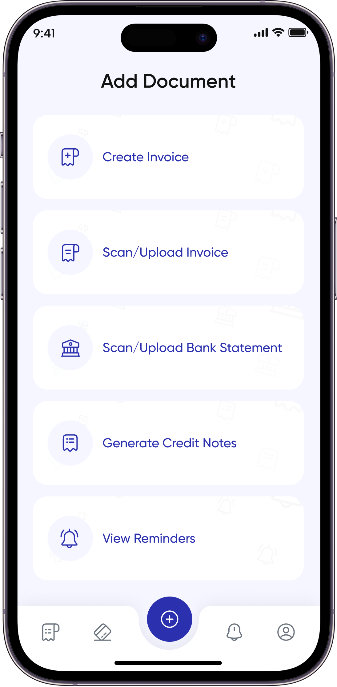 Add Document menu with invoice and bank statement scanning options in the Invoz AI app.
